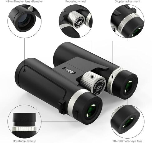 منظار Thorder 12×42 HD للبالغين والأطفال، مناظير فائقة السطوع عالية الطاقة مع رؤية كبيرة، رؤية واضحة منخفضة الإضاءة، BAK4، منشورات FMC، مناظير مدمجة مقاومة للماء لمشاهدة الطيور والصيد والسفر in Kuwait