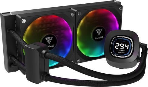 GAMDIAS 240mm CPU Liquid Cooler AIO w/ 2.1" Display & Customized Software, CPU Water Cooler w/Thick Radiator and ARGB PWM 2X 120mm Computer PC Case Fans, Compatible w/Intel 1700/1200 & AMD AM5/AM4 in Kuwait