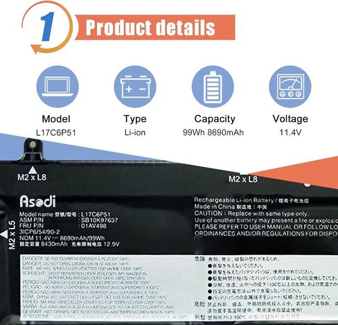 ASODI L17C6P51 01AV498 99Wh بطارية كمبيوتر محمول متوافقة مع Lenovo ThinkPad P72 P73 Series 01AV497 SB10K9K636 SB10K97637 5B10W13903 931QA100H L17M6P52 SB10T83146 5B10W13904 11.4V 868 4 مللي أمبير in Kuwait