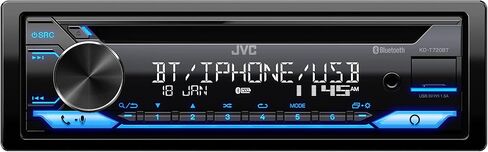 JVC KD-T720BT - ستيريو سيارة سي دي، دين فردي، صوت بلوتوث ومكالمات بدون استخدام اليدين مع ميكروفون خارجي، سي دي، MP3، USB، مدخل AUX راديو AM/FM، أمبير عالي الطاقة، التحكم الصوتي من أمازون أليكسا in Kuwait