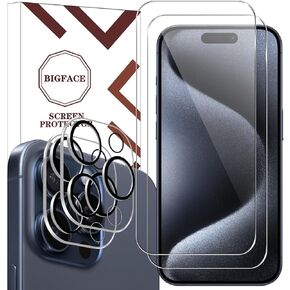 BIGFACE Compatible with iPhone 15 Pro Screen Protector + Camera Lens Protectors, [2 + 2 Pack] Premium HD Clear Tempered Glass, Anti-Bubble 3D Curved Accuracy Film For iPhone 15 Pro(6.1 Inch)