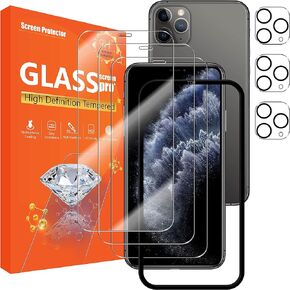 seninhi [3+3 عبوات] لهاتف iPhone 11 Pro 5.8 بوصة واقي شاشة 3 عبوات + واقي عدسة الكاميرا 3 عبوات، واقي شاشة من الزجاج المقسى iPhone11 Pro [مع إطار سهل التركيب] [صلابة 9H] [مضاد للخدش] [خالٍ من الفقاعات] - شفاف iPhone11Pro in Kuwait