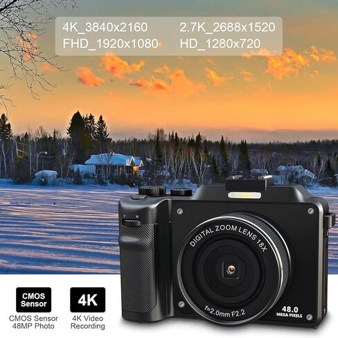 كاميرا رقمية KOMERY، 4K 48 ميجابكسل، مكبرات صوت فلاش ميكروفون 18X تكبير AF MF مرشحات كاميرا مزدوجة مضادة للاهتزاز واي فاي، كاميرات فيديو يوتيوب محمولة للسفر للتصوير الفوتوغرافي مع بطاريتين 32 جيجابايت بطاقة TF 2 حبل شاحن in Kuwait