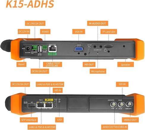 جهاز اختبار كاميرا Henkion K15-ADHS CCTV، شاشة لمس IPS 7 بوصة 8K 32MP IPCtest 8MP AHD CVI TVI SDI Coaxial BNC جهاز اختبار الكاميرا يدعم POE PTZ RS485 VGA HDMI SFP منفذ وحدة بصرية مدمج في WiFi in Kuwait