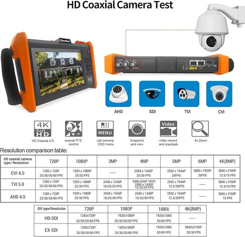 جهاز اختبار كاميرا Henkion K15-ADHS CCTV، شاشة لمس IPS 7 بوصة 8K 32MP IPCtest 8MP AHD CVI TVI SDI Coaxial BNC جهاز اختبار الكاميرا يدعم POE PTZ RS485 VGA HDMI SFP منفذ وحدة بصرية مدمج في WiFi in Kuwait