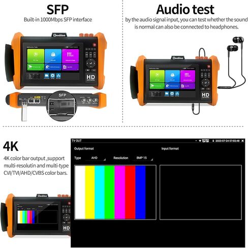 جهاز اختبار كاميرا Henkion K15-ADHS CCTV، شاشة لمس IPS 7 بوصة 8K 32MP IPCtest 8MP AHD CVI TVI SDI Coaxial BNC جهاز اختبار الكاميرا يدعم POE PTZ RS485 VGA HDMI SFP منفذ وحدة بصرية مدمج في WiFi in Kuwait