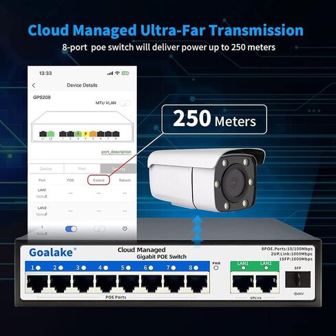 مفتاح تحويل الطاقة عبر الايثرنت بـ8 منافذ من جوالاك، 11 منفذ PoE+ 120 واط (8 منافذ 10/100Mbps + 2 جيجابت ابلينك + 1G SFP فتحة)، تطبيق سهل الادارة، الذكاء الاصطناعي يمتد حتى 250 متر، بدون مروحة ومعدن in Kuwait