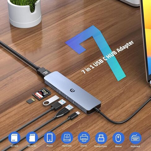 محول USB C 7 في 1، محور OBERSTER USB C، محور USB 3.0، موزع USB للشحن فائق النحافة مع 4K HDMI، 100W PD، 3 USB 3.0، قارئات بطاقات SD/TF متوافقة مع أجهزة الكمبيوتر المحمول وأنظمة Windows in Saudi Arabia