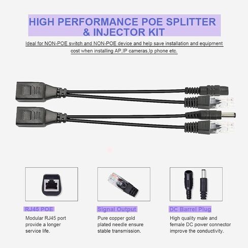 V-Fiabilidad 5 أزواج من حاقن PoE السلبي ومجموعة كابل مقسم PoE مع مقبس أسطواني 2.1x 5.5 مم DC، كابل محول الطاقة عبر إيثرنت RJ45 وحدة إمداد الطاقة 12-48 فولت لكاميرا IP in Kuwait
