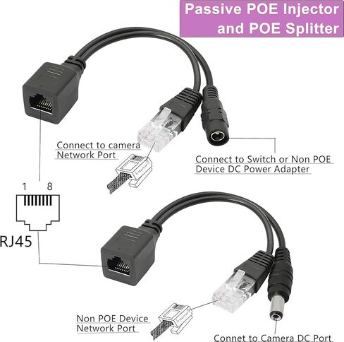 V-Fiabilidad 5 أزواج من حاقن PoE السلبي ومجموعة كابل مقسم PoE مع مقبس أسطواني 2.1x 5.5 مم DC، كابل محول الطاقة عبر إيثرنت RJ45 وحدة إمداد الطاقة 12-48 فولت لكاميرا IP in Kuwait