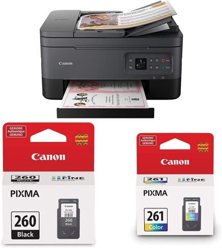طابعة Canon PIXMA TR7020a الكل في واحد لاسلكية نافثة للحبر ملونة، مع طباعة مزدوجة، طباعة متنقلة، ووحدة تغذية تلقائية للمستندات، أسود، تعمل مع Alexa in Kuwait