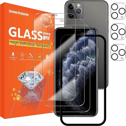 seninhi [3+3 عبوات] لهاتف iPhone 11 Pro 5.8 بوصة واقي شاشة 3 عبوات + واقي عدسة الكاميرا 3 عبوات، واقي شاشة من الزجاج المقسى iPhone11 Pro [مع إطار سهل التركيب] [صلابة 9H] [مضاد للخدش] [خالٍ من الفقاعات] - شفاف iPhone11Pro in Kuwait