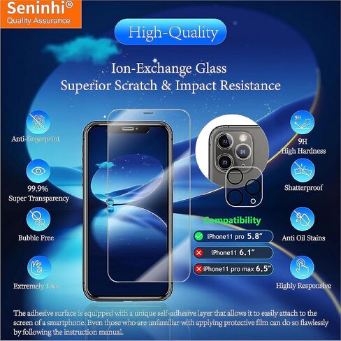 seninhi [3+3 عبوات] لهاتف iPhone 11 Pro 5.8 بوصة واقي شاشة 3 عبوات + واقي عدسة الكاميرا 3 عبوات، واقي شاشة من الزجاج المقسى iPhone11 Pro [مع إطار سهل التركيب] [صلابة 9H] [مضاد للخدش] [خالٍ من الفقاعات] - شفاف iPhone11Pro in Kuwait