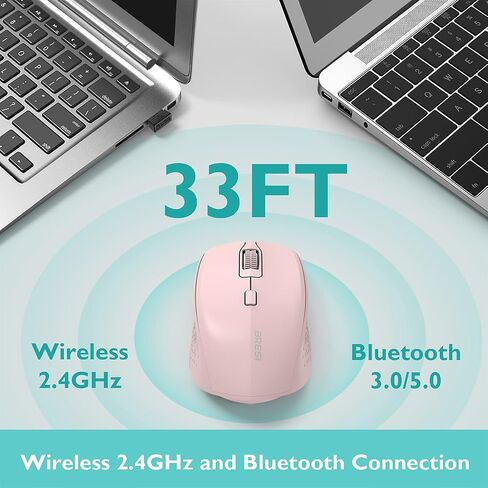 بريسي ماوس لاسلكي ثنائي الوضع بلوتوث 5.0/3.0 لاسلكي 2.4G ماوس كمبيوتر بصري صامت مع مستقبل USB 3 DPI قابلة للتعديل لاجهزة ماك بوك واللابتوب والنوت بوك والتابلت (زهري) in Kuwait