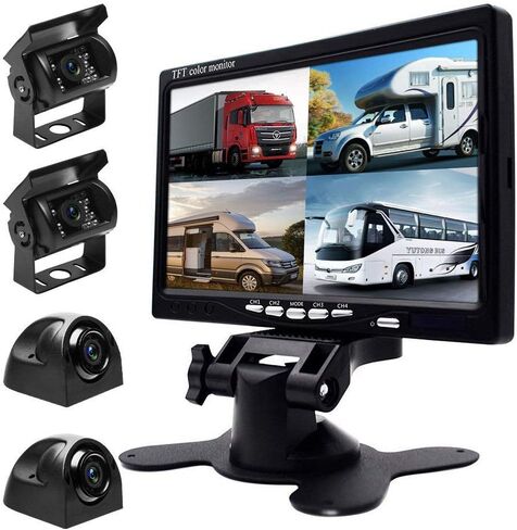Backup Camera Hard Wired Backup Camera 9'' Quad Split Screen HD Rear Backup Camera Monitor System, Waterproof IR Night Vision Backup Camera for Trucks,Trailer Heavy,Box,RV,Camper Bus Rearview Camera in Kuwait