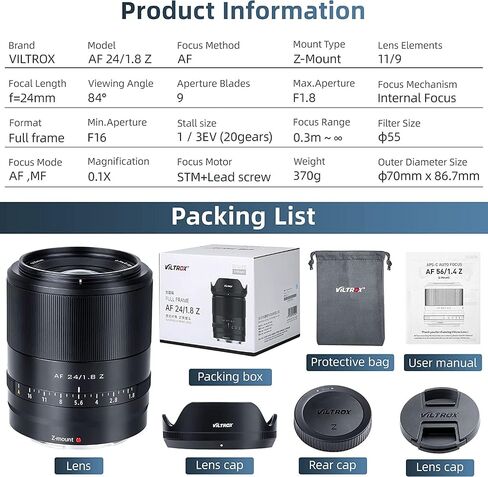 عدسة رئيسية بفتحة كبيرة Z-Mount AF 24 مم F1.8 عدسة صورة بإطار كامل متوافقة مع كاميرا نيكون Z5، Z50، Z6، Z6II، Z7، Z7II، ZFC، Z30، Z9 أسود in Kuwait