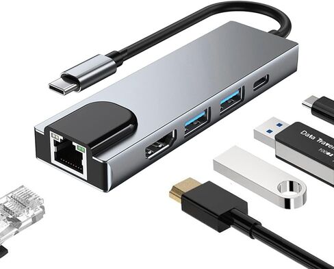 قاعدة شحن USB C 5 في 1، محول كوفي Type C الى HDMI، ايثرنت RJ45، 4K HDMI، 100 واط، 2 USB 3.0 متوافقة مع اجهزة ماك بوك برو / اير واجهزة النوع سي in Kuwait