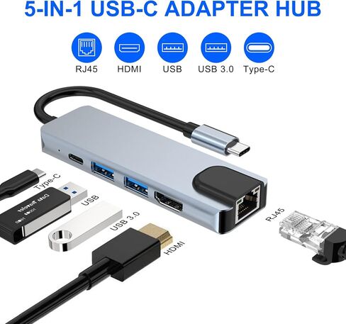 قاعدة شحن USB C 5 في 1، محول كوفي Type C الى HDMI، ايثرنت RJ45، 4K HDMI، 100 واط، 2 USB 3.0 متوافقة مع اجهزة ماك بوك برو / اير واجهزة النوع سي in Kuwait