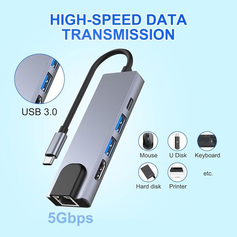 قاعدة شحن USB C 5 في 1، محول كوفي Type C الى HDMI، ايثرنت RJ45، 4K HDMI، 100 واط، 2 USB 3.0 متوافقة مع اجهزة ماك بوك برو / اير واجهزة النوع سي in Kuwait