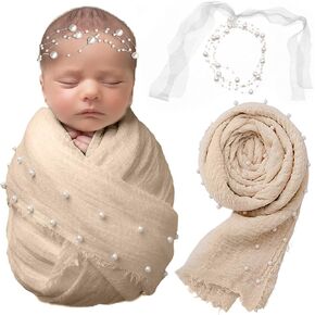 2 PCS Baby Props Photography Wrap Kit, Newborn Photography Props, Handmade Pearl Wrap Blanket for Baby Photo Props with Pearl Headband, 35.5 X 67 inch Newborn Outfits for Photography (Pink) in Kuwait
