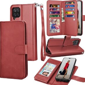 Galaxy A12 Case, Galaxy A12 5G Wallet Case, Tekcoo Luxury PU Leather Cash Credit Card Slots Holder Carrying Folio Flip Cover [Detachable Magnetic Hard Case] Kickstand for Samsung Galaxy A12 [Wine Red] in Kuwait