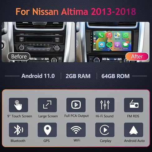 لسيارة Nissan Altima 2013 2014 2015 2016 2017 2018 Android Car Stereo مع Apple CarPlay Android Auto، podofo 9 بوصة تعمل باللمس وراديو بلوتوث مع HiFi Audio GPS Navi WiFi وكاميرا احتياطية (2G+64G) in Saudi Arabia