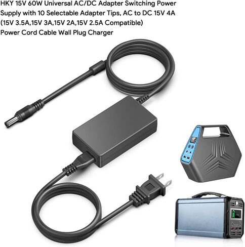 HKY 15V 60W Universal AC/DC Adapter Switching Power Supply with 10 Selectable Adapter Tips, AC to DC 15V 4A (15V 3.5A,15V 3A,15V 2A,15V 2.5A Compatible) Power Cord Cable Wall Plug Charger in Saudi Arabia