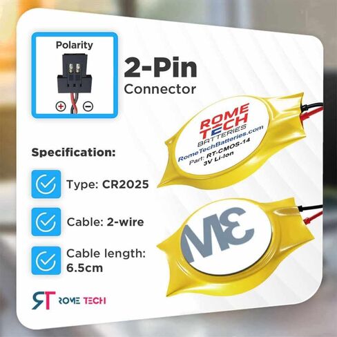 بطارية Rome Tech CR2032W CMOS للوحة الأم Awow Ax41 - بطارية احتياطية للكمبيوتر المحمول BIOS RTC 3V CR 2032 KTS 731 مع موصل FI لكابلين سلكيين (عبوتان) in Saudi Arabia