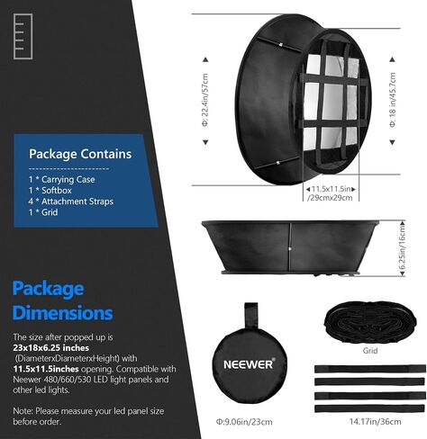 Neewer Collapsible Softbox Diffuser with Honeycomb Grid Compatible with Neewer 480/660/530 LED Light Panels, 11.5x11.5inches Opening with Strap Attachment and Carry Bag for Studio Photo Video Shooting in Saudi Arabia