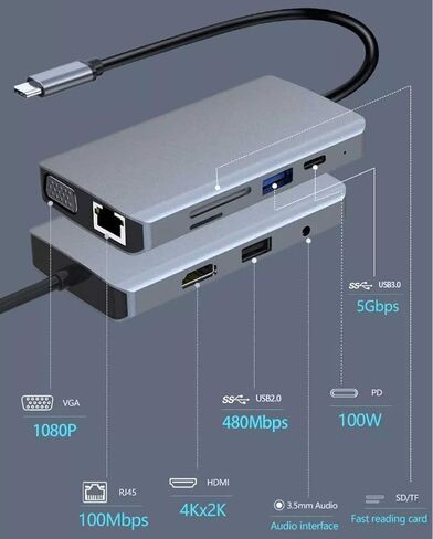 قاعدة شحن USB C الى محول HDMI، قاعدة شحن لابتوب 9 في 1، محول نوع C لجهاز ماك بوك وويندوز (HDMI VGA PD3.0 قارئ بطاقات SD TF جيجابت ايثرنت 2 منافذ USB ميكروفون/صوت) in Kuwait