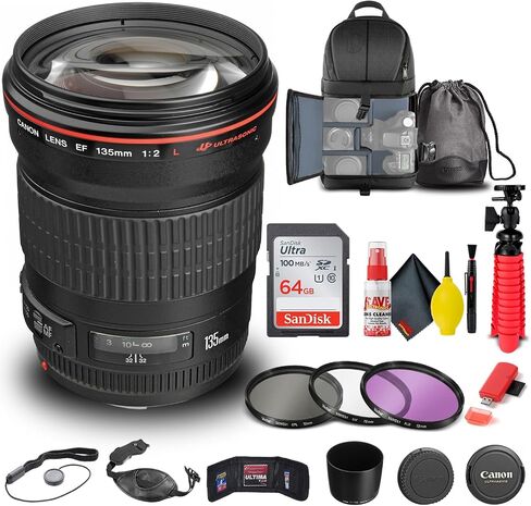 Canon EF 135mm f/2L USM Lens (2520A004) + Filter Kit + Backpack + 64GB Card + Card Reader + Flex Tripod + Memory Wallet + Cap Keeper + Cleaning Kit + Hand Strap + More (Renewed) in Saudi Arabia