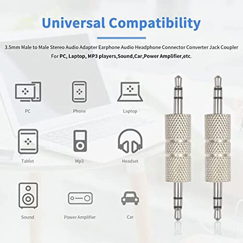 NW GenHaoQi 3Pcs Metal Silver 3 Pole 3.5mm Male to Male Audio Adapter, 1/8 Coupler Joiner Stereo Jack Adapter Connectors, Compatible for Laptop MP3 Miniature TV Tuning Equipment Car Audio, etc. in Saudi Arabia