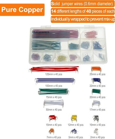 مجموعة أسلاك التوصيل النحاسية النقية 560 قطعة من Makeronics | أسلاك لوح تجارب بدون لحام مع 14 طولًا متنوعًا لدوائر اللحام | إلكترونيات | اردوينو أو راسبيري باي in Kuwait