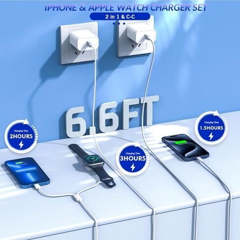 Apple Watch Charger[Apple MFi Certified]6FT Upgraded 2 in 1 iPhone and iWatch Magnetic Fast Charging Cable,USB C to C Cord with 20W Fast PD Adapter[2PK]for Apple Watch Series 9/8/7,iPhone 15/14,iPad in Kuwait