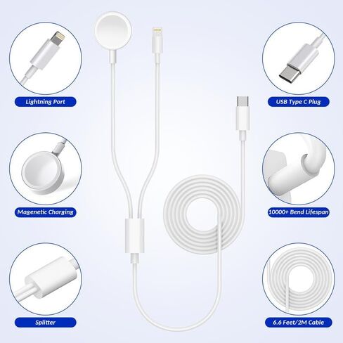 Apple Watch Charger[Apple MFi Certified]6FT Upgraded 2 in 1 iPhone and iWatch Magnetic Fast Charging Cable,USB C to C Cord with 20W Fast PD Adapter[2PK]for Apple Watch Series 9/8/7,iPhone 15/14,iPad in Kuwait