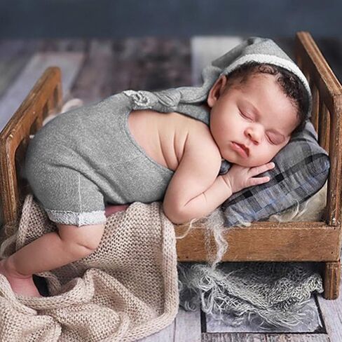 بدلة تصوير للأطفال حديثي الولادة رومبير للأولاد والبنات ملابس داخلية لصور الأطفال حديثي الولادة من الكروشيه دعائم للأطفال الرضع قبعة متماسكة (بني) in Kuwait