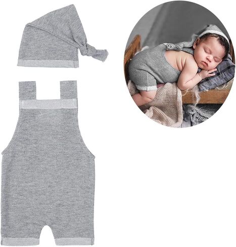 بدلة تصوير للأطفال حديثي الولادة رومبير للأولاد والبنات ملابس داخلية لصور الأطفال حديثي الولادة من الكروشيه دعائم للأطفال الرضع قبعة متماسكة (بني) in Kuwait