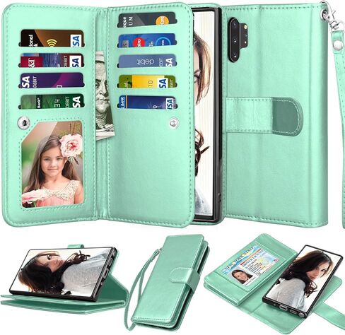Njjex Wallet Case for Samsung Galaxy Note 10 Plus, for Galaxy Note 10+ Plus 5G Case, [9 Card Slots] PU Leather ID Credit Holder Folio Flip [Detachable] Kickstand Magnetic Phone Cover & Lanyard [Mint] in Kuwait