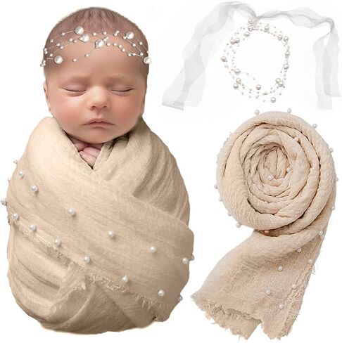 2 PCS Baby Props Photography Wrap Kit, Newborn Photography Props, Handmade Pearl Wrap Blanket for Baby Photo Props with Pearl Headband, 35.5 X 67 inch Newborn Outfits for Photography (Pink) in Saudi Arabia