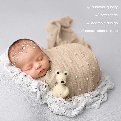 2 PCS Baby Props Photography Wrap Kit, Newborn Photography Props, Handmade Pearl Wrap Blanket for Baby Photo Props with Pearl Headband, 35.5 X 67 inch Newborn Outfits for Photography (Pink) in Saudi Arabia