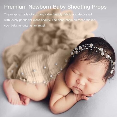 2 PCS Baby Props Photography Wrap Kit, Newborn Photography Props, Handmade Pearl Wrap Blanket for Baby Photo Props with Pearl Headband, 35.5 X 67 inch Newborn Outfits for Photography (Pink) in Saudi Arabia