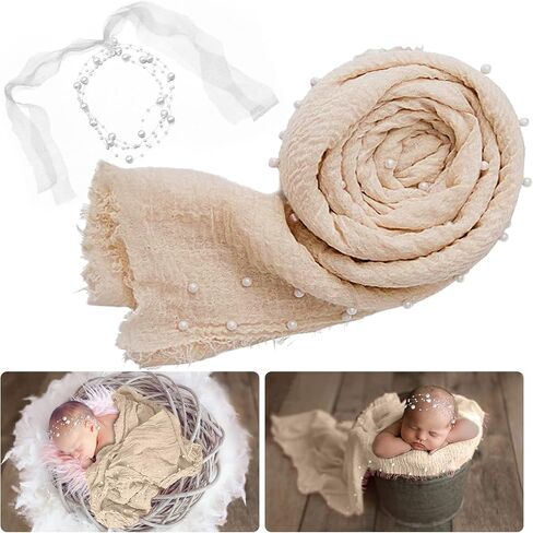 2 PCS Baby Props Photography Wrap Kit, Newborn Photography Props, Handmade Pearl Wrap Blanket for Baby Photo Props with Pearl Headband, 35.5 X 67 inch Newborn Outfits for Photography (Pink) in Saudi Arabia