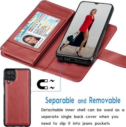 Galaxy A12 Case, Galaxy A12 5G Wallet Case, Tekcoo Luxury PU Leather Cash Credit Card Slots Holder Carrying Folio Flip Cover [Detachable Magnetic Hard Case] Kickstand for Samsung Galaxy A12 [Wine Red] in Kuwait