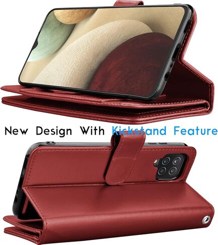 Galaxy A12 Case, Galaxy A12 5G Wallet Case, Tekcoo Luxury PU Leather Cash Credit Card Slots Holder Carrying Folio Flip Cover [Detachable Magnetic Hard Case] Kickstand for Samsung Galaxy A12 [Wine Red] in Kuwait
