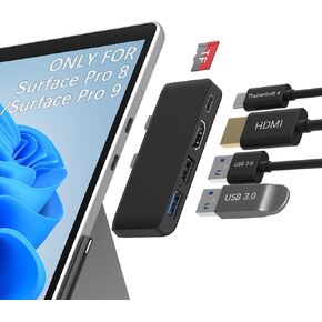 قاعدة شحن سيرفس برو 9، قاعدة شحن سيرفس برو 8 مع منفذ HDMI 4K، USB-C-ثاندربولت 4، USB 3.0 + 2.0، قارئ بطاقات تي اف، موزع ملحقات سيرفس برو 8/9 الى 3 شاشات in Kuwait