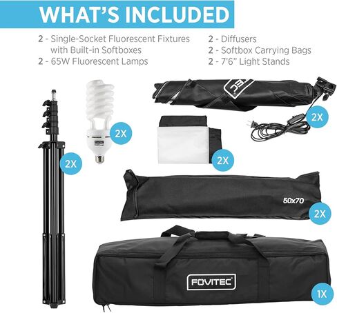 طقم إضاءة ستوديو فلورسنت 2-Light من Fovitec، صناديق سوفت بوكس ​​سريعة الإعداد مقاس 20 × 28 بوصة، ضوء مستمر 650 وات وحوامل للصور وصور المنتجات ومدونات الفيديو ومؤتمرات الفيديو والبث المباشر in Kuwait