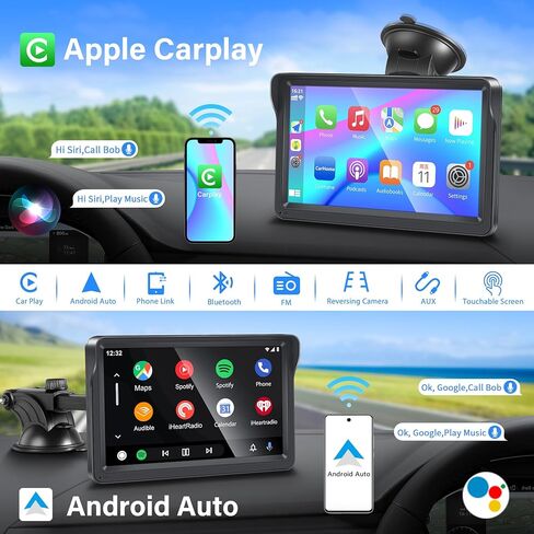 Wireless Apple Carplay Portable Car Stereo and Android Auto,Carplay Screen for Car Radio with Bluetooth Hands-Free,7 Inch Touch Screen with Mirror Link/Voice Control/FM/TF Card/USB/AUX in Kuwait