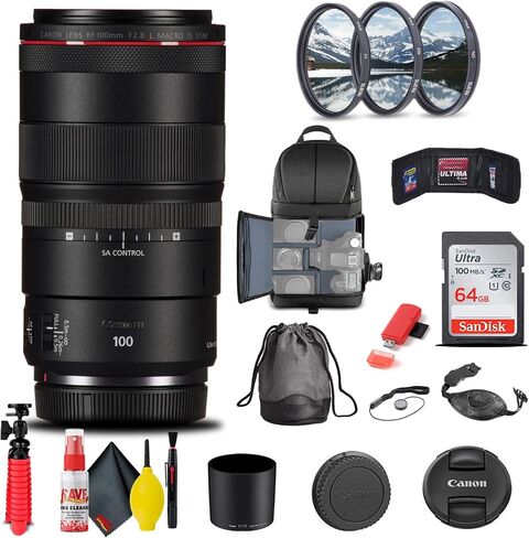 Canon RF 100mm f/2.8L Macro هو عدسة USM (4514C002) + مجموعة مرشح + حقيبة ظهر + بطاقة سعة 64 جيجابايت + قارئ بطاقات + حامل ثلاثي مرن + محفظة ذاكرة + حافظة للأغطية + طقم تنظيف + حزام يد + المزيد (متجدد) in Saudi Arabia