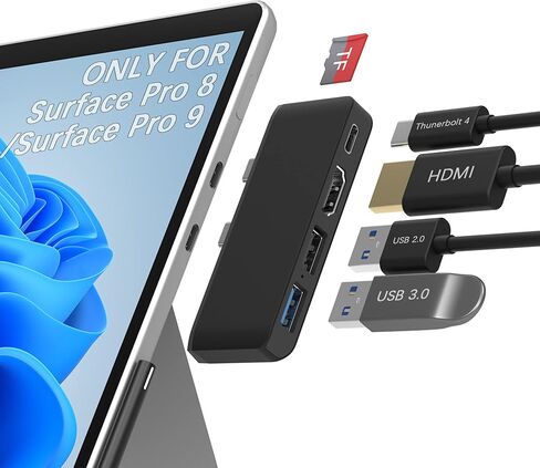 قاعدة شحن سيرفس برو 9، قاعدة شحن سيرفس برو 8 مع منفذ HDMI 4K، USB-C-ثاندربولت 4، USB 3.0 + 2.0، قارئ بطاقات تي اف، موزع ملحقات سيرفس برو 8/9 الى 3 شاشات in Kuwait