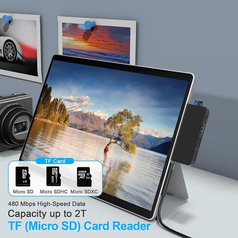 قاعدة شحن سيرفس برو 9، قاعدة شحن سيرفس برو 8 مع منفذ HDMI 4K، USB-C-ثاندربولت 4، USB 3.0 + 2.0، قارئ بطاقات تي اف، موزع ملحقات سيرفس برو 8/9 الى 3 شاشات in Kuwait